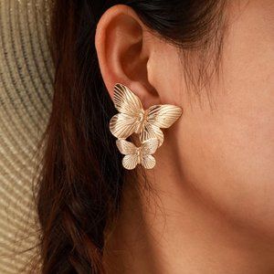 Gold Double Butterfly Wings Stud Earrings